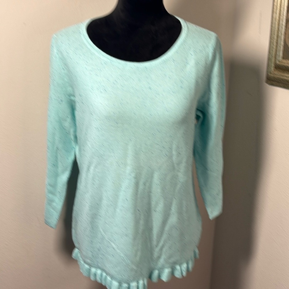 Talbots light aqua speckled ruffle hem 3/4 sleeves spring cotton blend sweater L